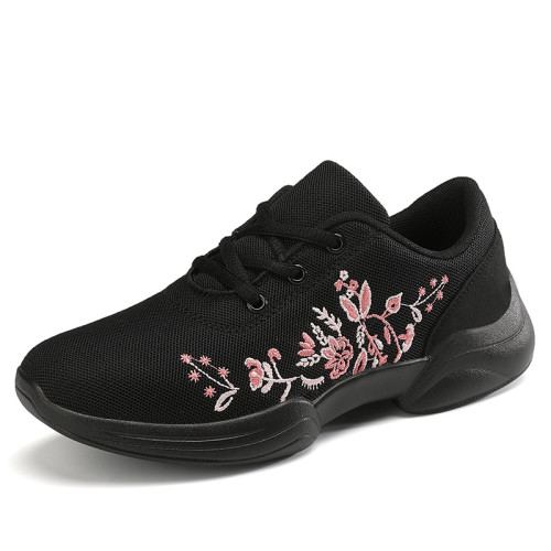 Embroidery Lace Up Front Knit Running Shoes