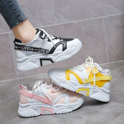 Letter Tape Lace Up Front Mesh Panel Chunky Sneakers