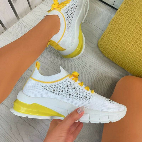Rhinestone Decor Lace Up Knit Sneakers