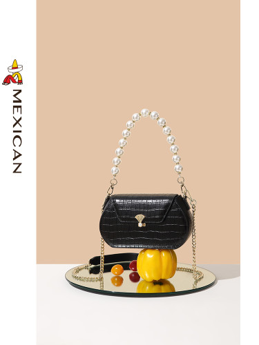Women New Fashion Pearl Portable Niche Design Crocodile Chain Messenger Bag