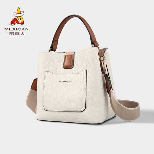 Women's Genuine Leather Bag Spring and Summer Fashion Contrast Design  Shoulder Messenger Bag Bucket Bag
