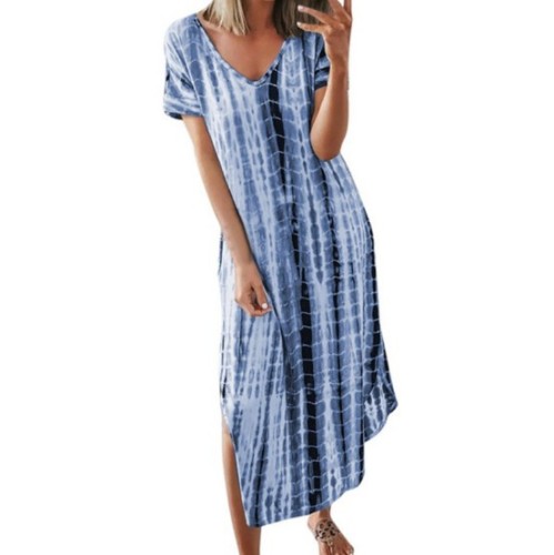 Amazon Best Selling Summer Maxi Dress Short Sleeve Women's Print Tie-dye Slit V-neck Loose Slim Large Size Irregular Dress