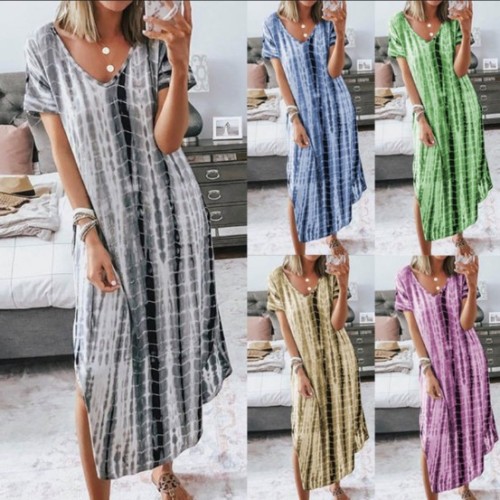 Amazon Best Selling Summer Maxi Dress Short Sleeve Women's Print Tie-dye Slit V-neck Loose Slim Large Size Irregular Dress