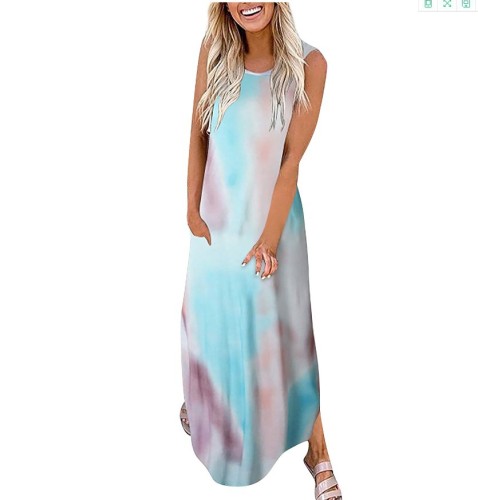 Ebay Amazon Wish Tie-dye Print Long Loose Pocket Sleeveless Slit Dress