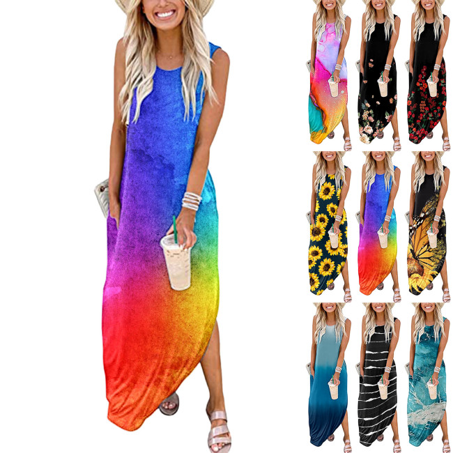 Amazon Summer New Print Casual Loose Round Neck Sundress Slit Sleeveless Dress