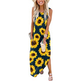 Amazon Summer New Print Casual Loose Round Neck Sundress Slit Sleeveless Dress