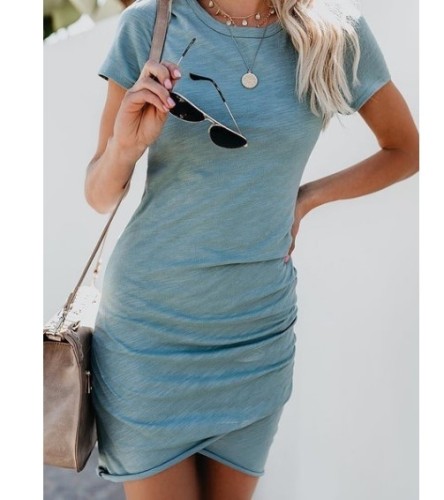 Amazon Best Selling Women's Dress Summer 12 Colors Size 6 Sexy Round Neck Hips Irregular Short Sleeve
