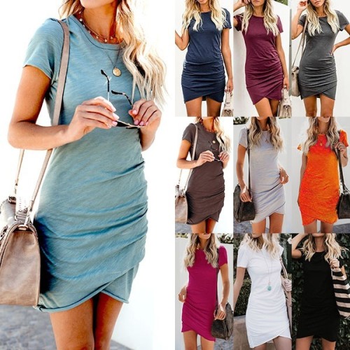 Amazon Best Selling Women's Dress Summer 12 Colors Size 6 Sexy Round Neck Hips Irregular Short Sleeve