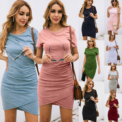 Amazon Best Selling 12 Colors Summer Fashion Slim Short Sleeve Irregular Women's Dress Bodycon Dresses