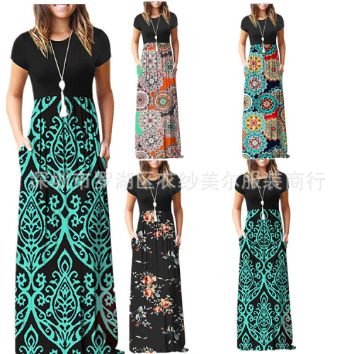 Summer Dress Amazon Best Selling Round Neck Short-Sleeved Printed Dress Waist Long Skirt
