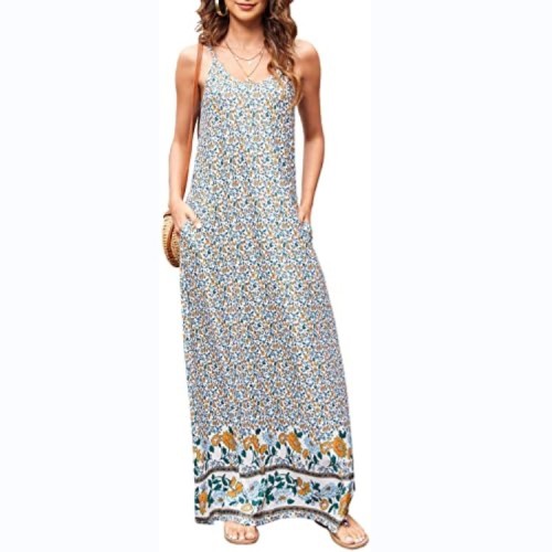 Amazon Women's Summer Casual Floral Print Boho Spaghetti Strap Floral Long Dress Belt