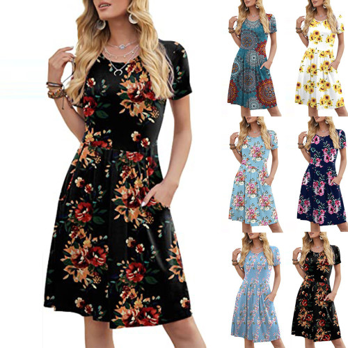 Amazon Women's Spring Summer Printed Round Neck Short Sleeve Pocket Slim Dress