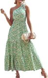Women's Amazon Best Selling Slant Shoulder Bandeau Print Layered Sleeveless Knotted Dress