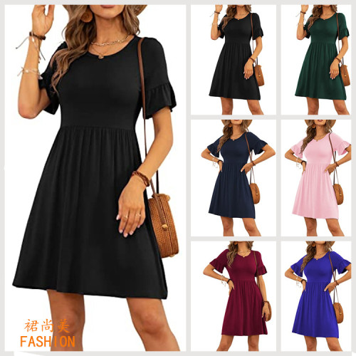 Women's Summer Dress Ruched Sleeves Round Neck Mini Dress Solid Color Floral Print Loose Comfortable and Flowy