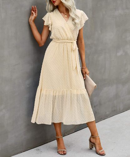 Amazon Best Selling Bohemian Summer Casual Wrap V Neck Pleated Sleeveless Belt Swing Skirt Mid Length Dress