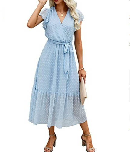 Amazon Best Selling Bohemian Summer Casual Wrap V Neck Pleated Sleeveless Belt Swing Skirt Mid Length Dress