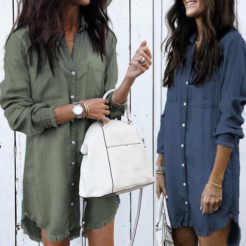 Amazon Wish Women Fashion Tassel Denim Shirt Jean Dress Button Down Casual Tunic Top