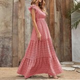 Women's Long Dress Amazon Best Selling V Neck High Waist Floral Print Layered Short Sleeve Dress