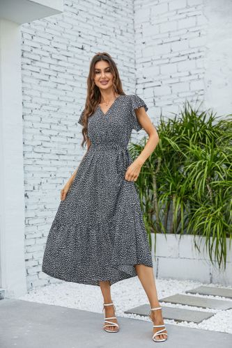 Amazon Spring Summer V-neck Simple Printed Short Sleeve Dress