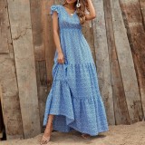 Women's Long Dress Amazon Best Selling V Neck High Waist Floral Print Layered Short Sleeve Dress