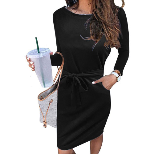 Amazon Round Neck Long Sleeves Tunic Strap Solid Color Women's Dress