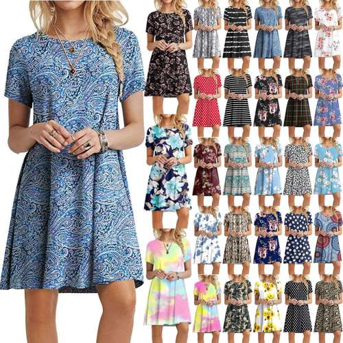Summer New Women's Clothes Amazon Women's Printed Casual Crew Neck Dress