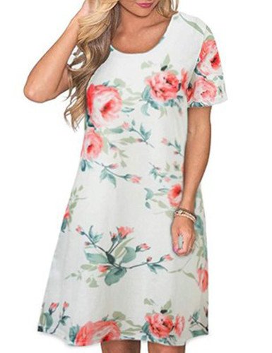 Amazon's Best-selling Round Neck Element Print Pocket Short-sleeved Dress With Large Swing