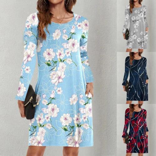 Amazon Independent Station Wish Pocket Long Sleeve Fashion Print Dress