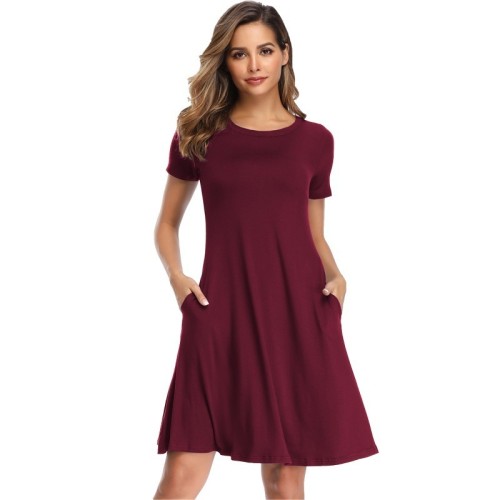 Spring And Summer Women's Clothing Amazon Hot Style Solid Color Round Neck Short-sleeved Mini Dress A-line Skirt