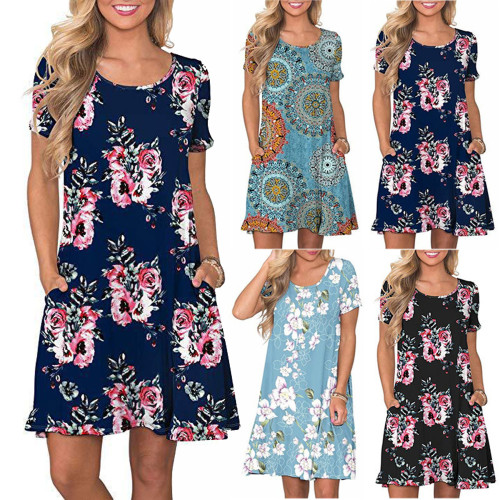 Amazon's Best-selling Round Neck Element Print Pocket Short-sleeved Dress With Large Swing