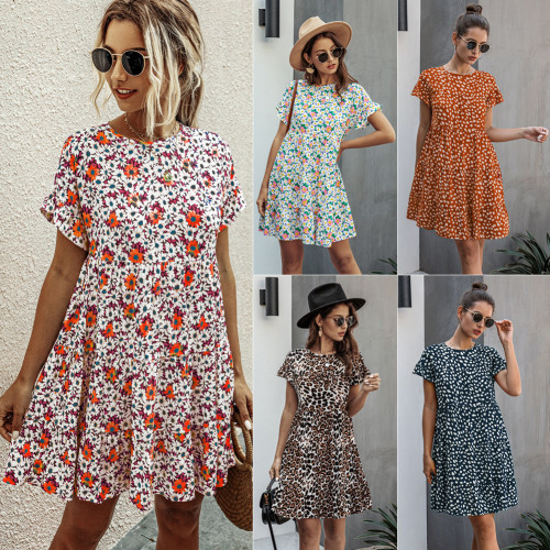 Amazon Women Summer Fashion Print Leopard Print Round Neck Short Sleeve Loose Slim Dress