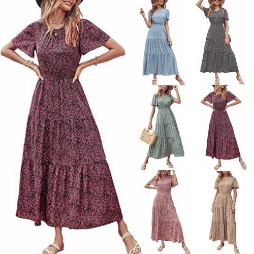 Amazon Spring Floral Thin Waist Stitching Ladies Long Dress