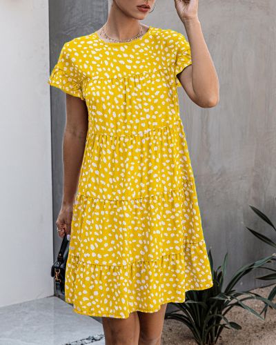 Amazon Women Summer Fashion Print Leopard Print Round Neck Short Sleeve Loose Slim Dress