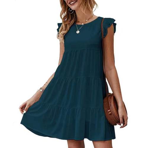 Amazon Women's Solid Color Round Neck Short Sleeve Dress Casual Pleated Swing Skirt