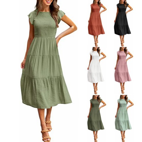 Amazon Best Selling Women's Sleeve ShirringSmock Dresses Short Sleeve Midi Dresses