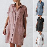 New Cotton And Linen Long Sleeve Irregular Pocket Dress Shirt Dress