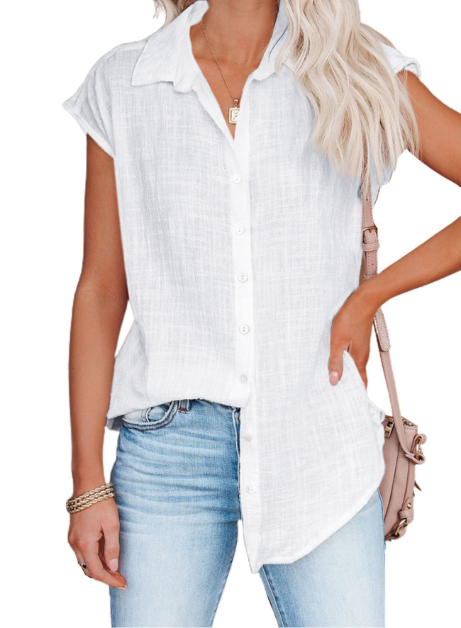 Amazon Summer New Solid Color Single Breasted Shirt Women Casual Short Sleeve Tops