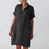 New Cotton And Linen Long Sleeve Irregular Pocket Dress Shirt Dress
