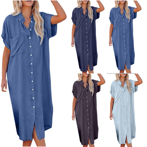 Amazon Wish Fashion Solid Color Denim Short-sleeved Long Slit Shirt Dress