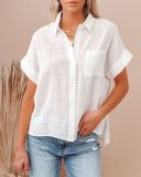 Women's Clothing Ebay Amazon Cotton Linen Shirt Short Sleeve Ladies Lapel Button Down Blouses & Shirts
