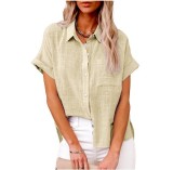 Women's Clothing Ebay Amazon Cotton Linen Shirt Short Sleeve Ladies Lapel Button Down Blouses & Shirts