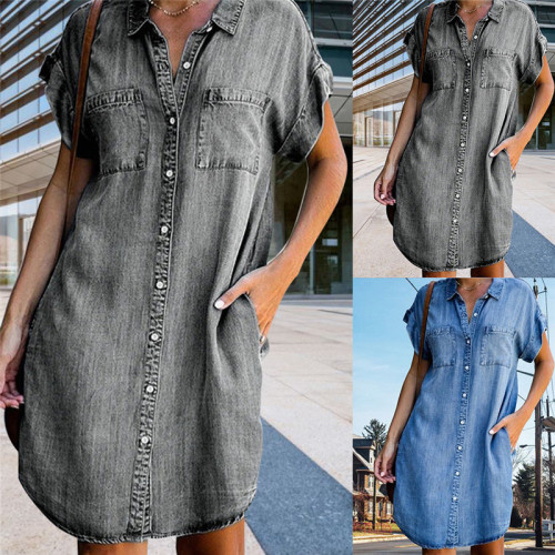 Denim Short Sleeve Shirt Dresses Single Breasted Loose Pocket Ladies A-line Dress