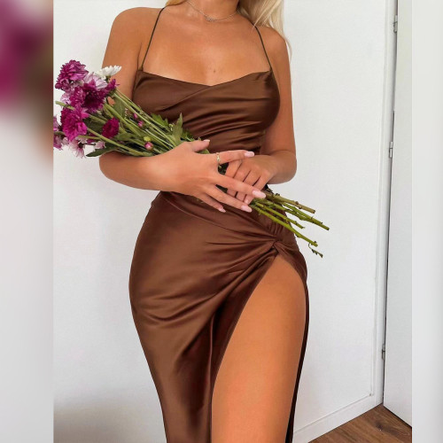 Women's Cami Dresses Sexy Pleated Dress Side Slit Strap Dress