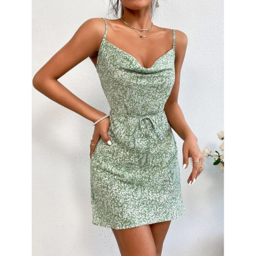 Summer Sexy Sling Print Cami Dresses Pullover Mid-waist Home Skirt