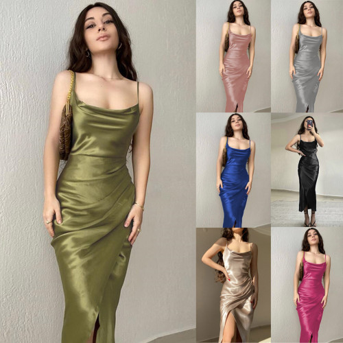 Copy Women's Summer Sexy Cami Dresses Solid Color Satin Slim Fit Backless Suspenders Slit Long Skirt