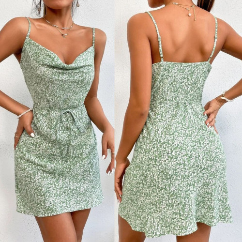 Summer Sexy Sling Print Cami Dresses Pullover Mid-waist Home Skirt