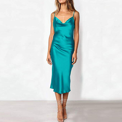 Amazon Sexy Solid Color Imitation Silk Slim Cami Dresses Banquet Suspenders Long Skirt