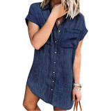 Copy Amazon Women's Short Sleeve Denim Shirt Distressed Denim Button Down Casual Tunic Top