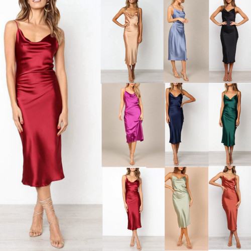 Spring/Summer Amazon Solid Color Sexy Silk Slim Party Sling Cami Dresses