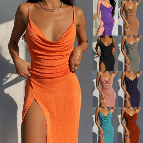 Women's Fashion Spring Temperament Sexy Glossy Knit Slit Sling Cami Dresses